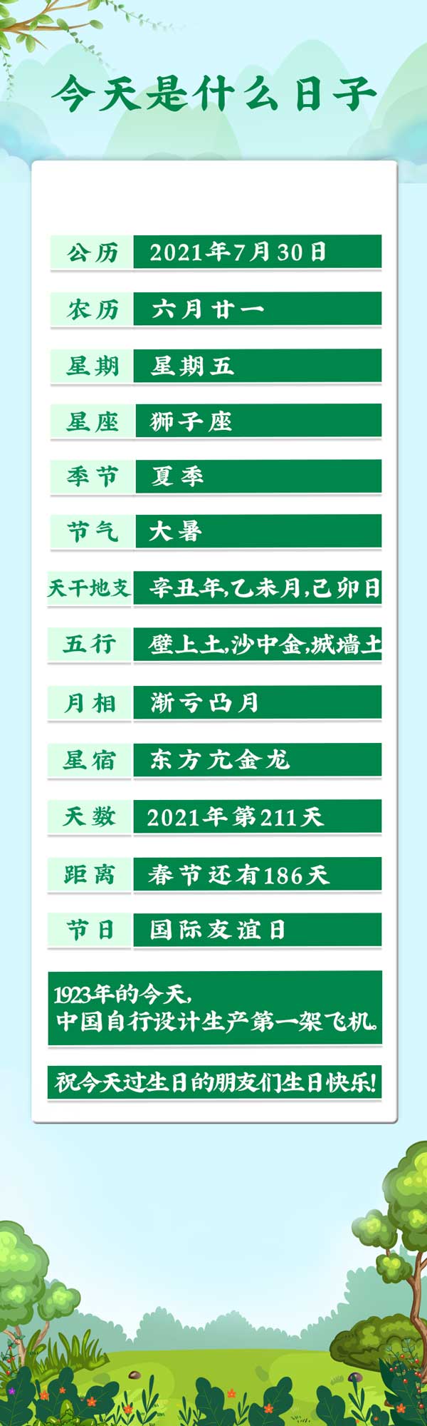 今天是2021年7月30日农历六月廿一