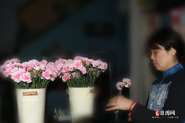 一位妇女正在插康乃馨花束