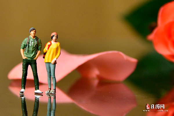 情人节微缩摄影之情侣站在玫瑰花瓣前聊天