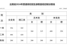 云南省2024年普通高校招生录取最低控制分数线