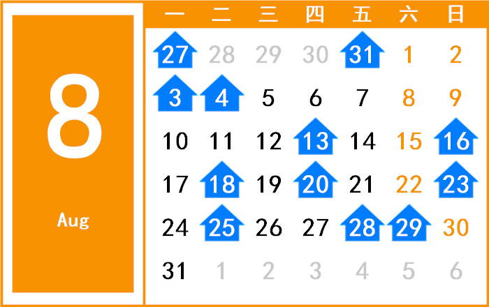 2043年8月日历