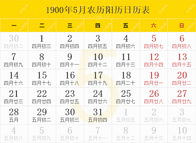 1900年5月日历表