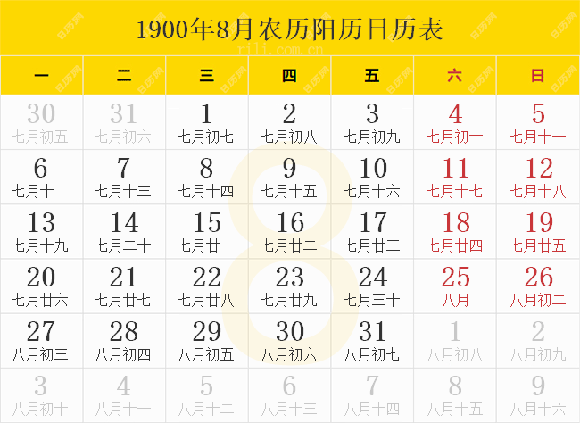 1900年8月日历表