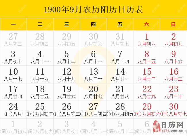 1900年9月日历表