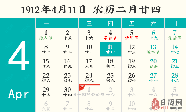 1912年4月11日日历表