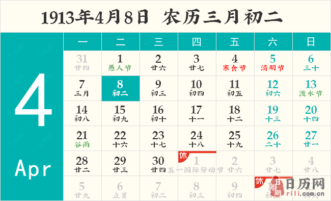 1913年4月8日日历表