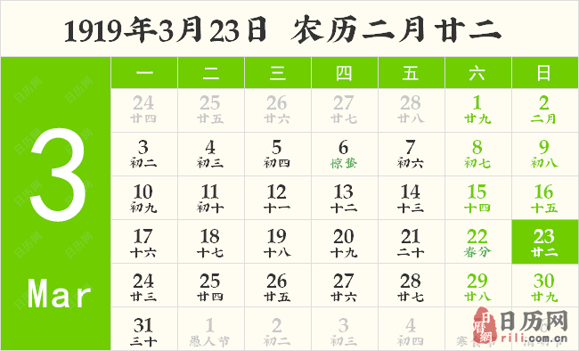 1919年3月23日日历表