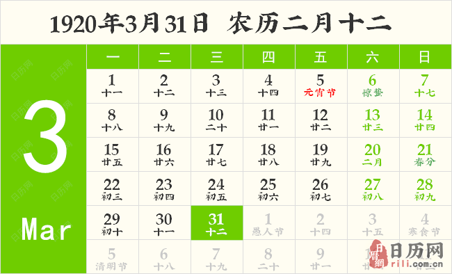 1920年3月31日日历表