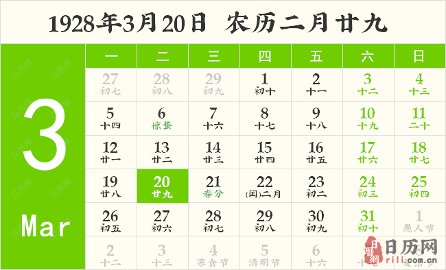 1928年3月20日日历表