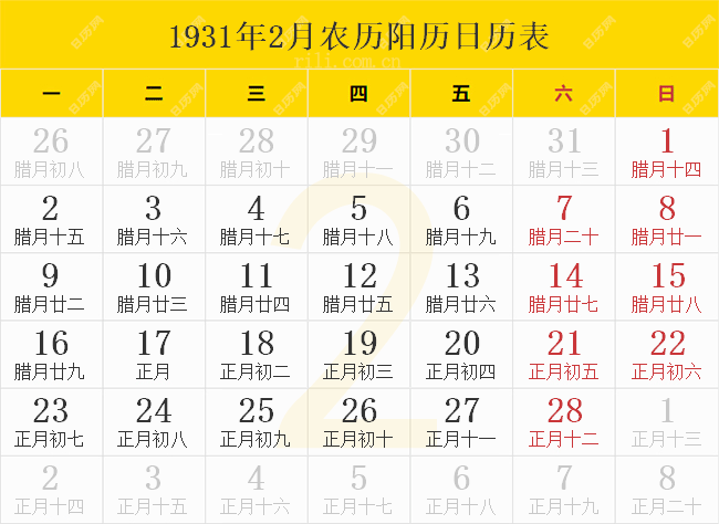 1931年2月农历阳历日历表