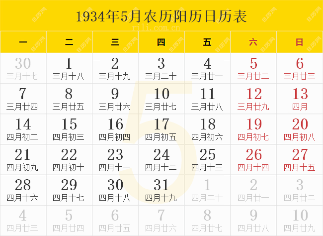 1934年5月农历阳历日历表
