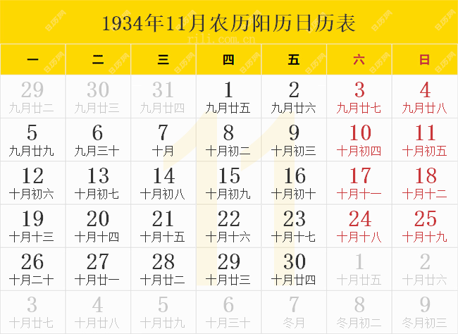 1934年11月农历阳历日历表