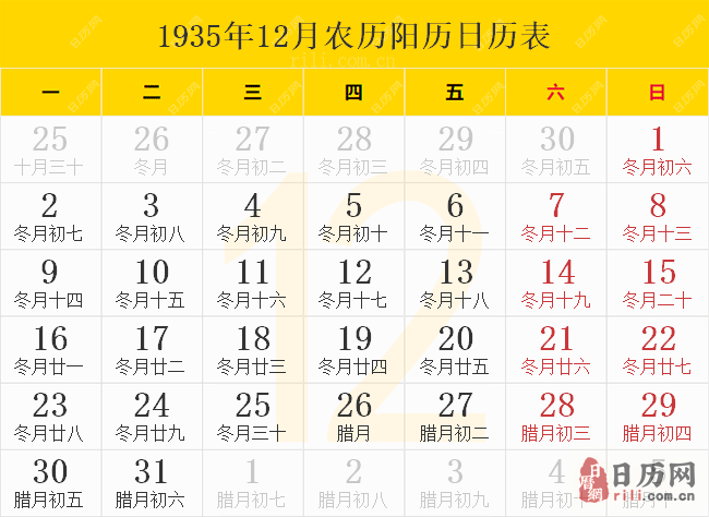 1935年12月农历阳历日历表