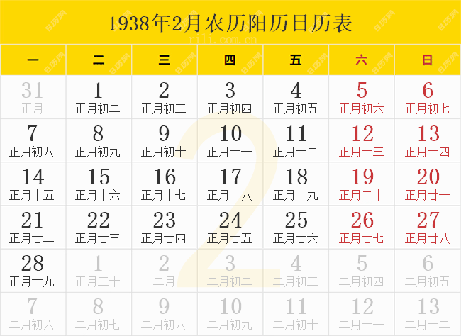 1938年2月农历阳历日历表