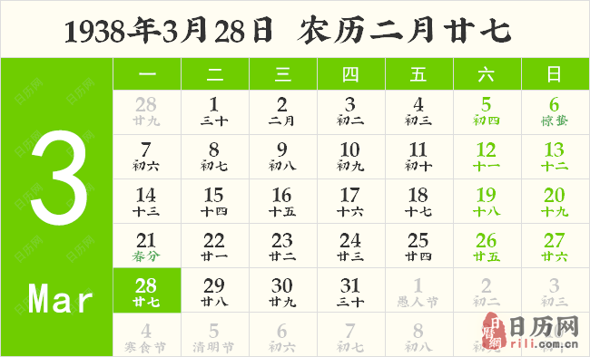 1938年3月28日日历表