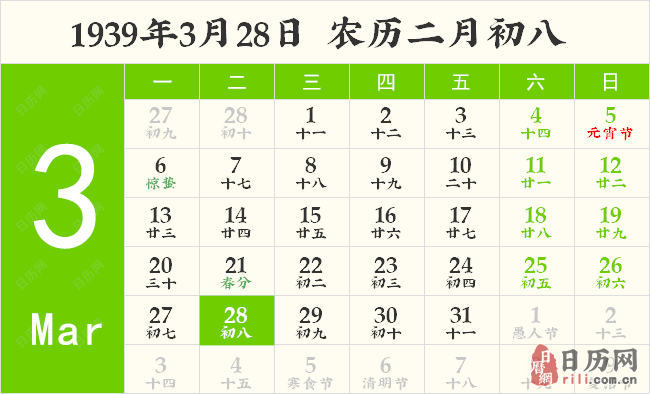 1939年3月28日日历表