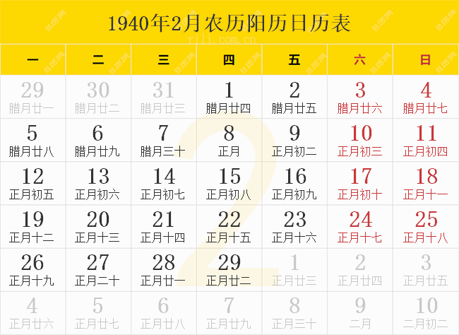1940年2月农历阳历日历表