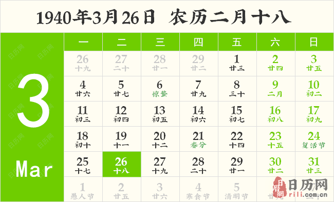 1940年3月26日日历表