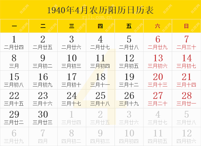 1940年4月农历阳历日历表