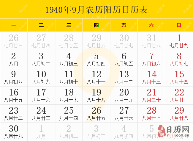 1940年9月农历阳历日历表