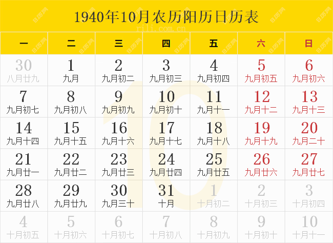 1940年10月农历阳历日历表