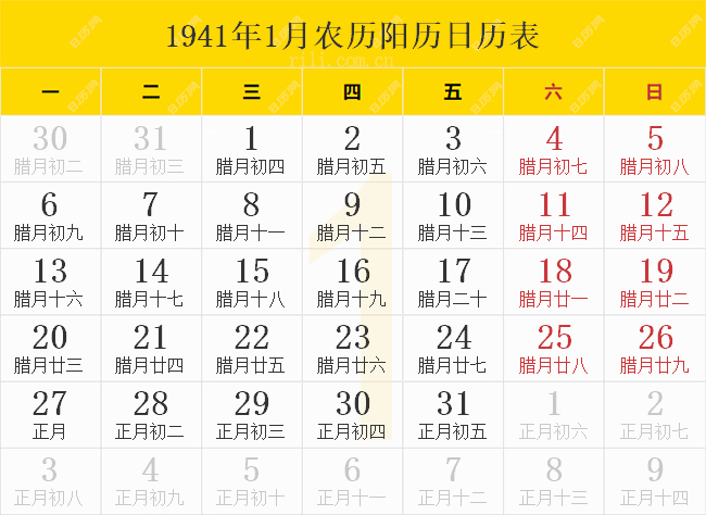 1941年1月农历阳历日历表