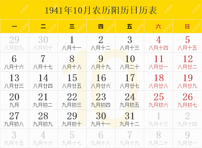 1941年10月农历阳历日历表