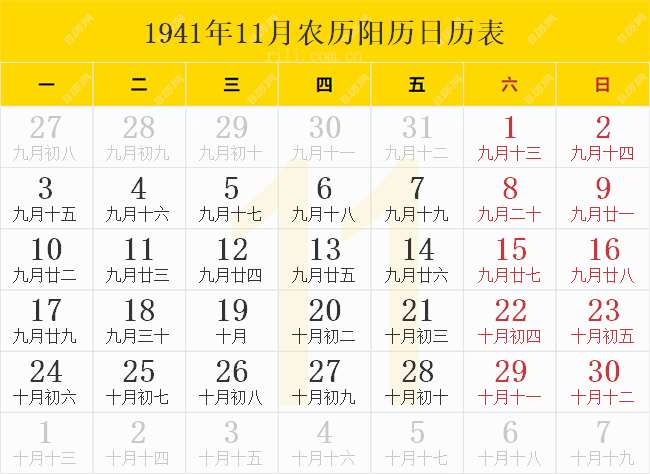 1941年11月农历阳历日历表