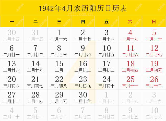 1942年4月农历阳历日历表