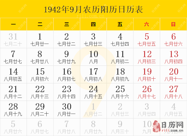 1942年9月农历阳历日历表