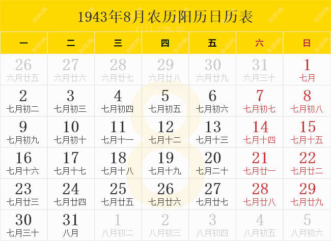 1943年8月农历阳历日历表