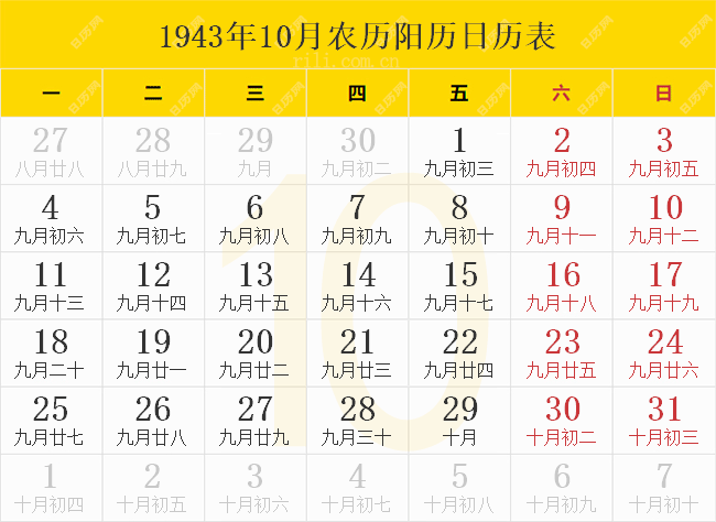 1943年10月农历阳历日历表