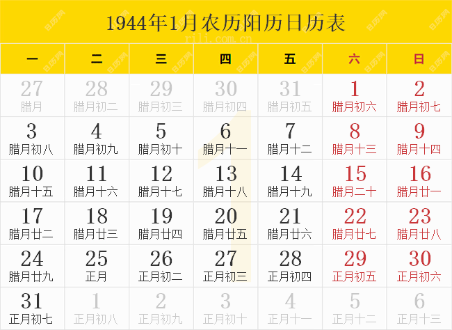 1944年1月农历阳历日历表