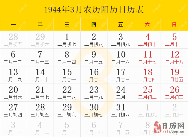 1944年3月农历阳历日历表