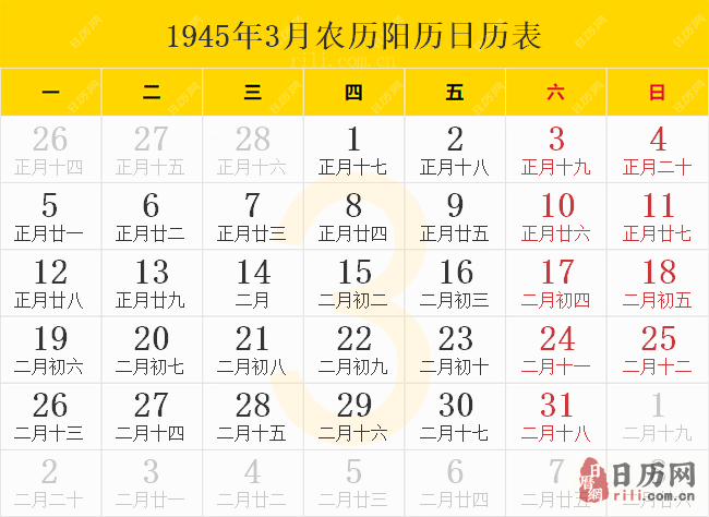 1945年3月农历阳历日历表