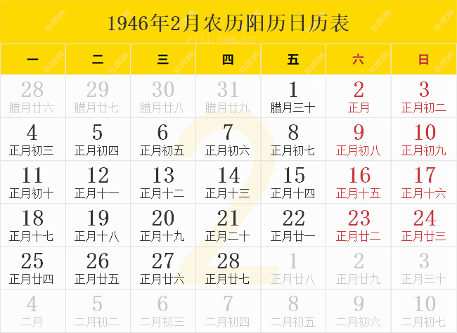1946年2月农历阳历日历表