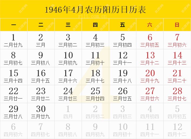 1946年4月农历阳历日历表