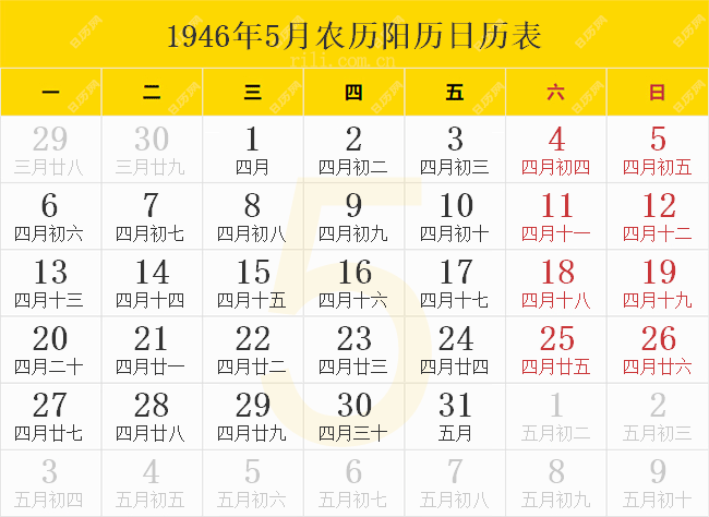 1946年5月农历阳历日历表