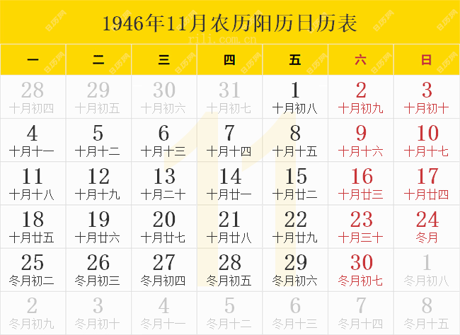 1946年11月农历阳历日历表