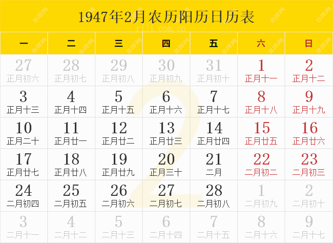 1947年2月农历阳历日历表