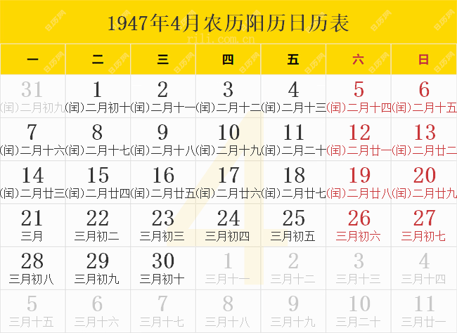 1947年4月农历阳历日历表