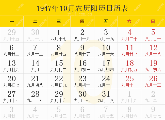 1947年10月农历阳历日历表