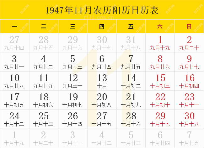 1947年11月日历表