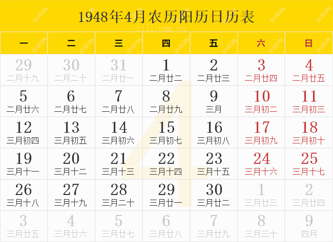 1948年4月农历阳历日历表