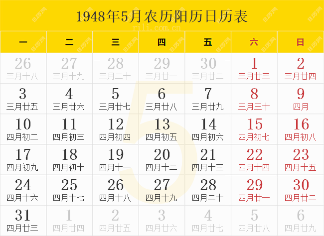 1948年5月农历阳历日历表