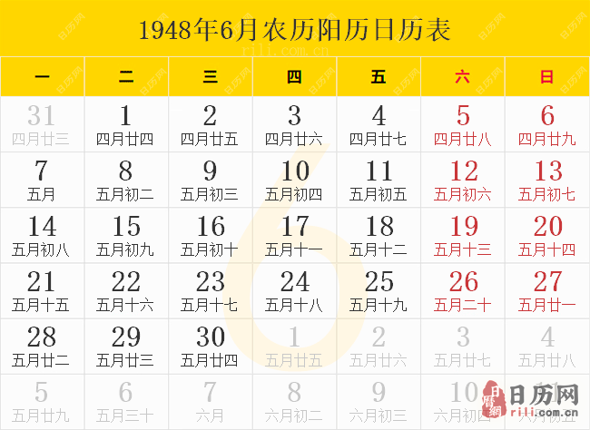 1948年6月农历阳历日历表