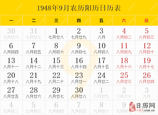 1948年9月农历阳历日历表