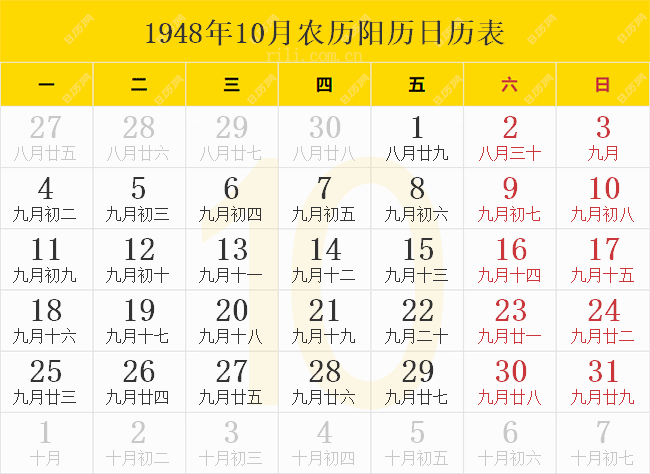 1948年10月农历阳历日历表
