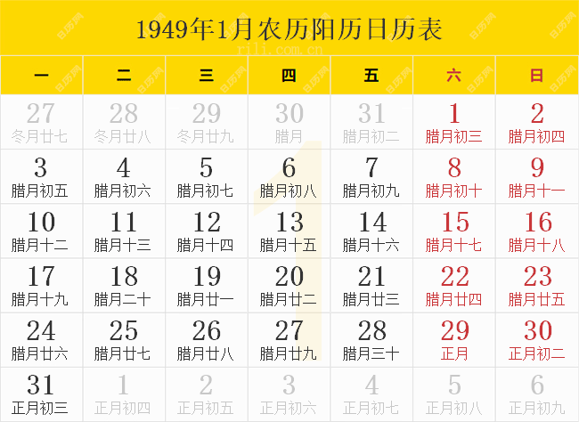 1949年1月农历阳历日历表