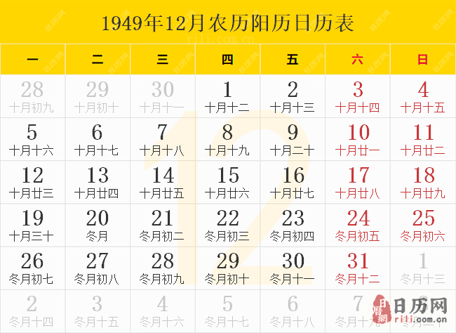 1949年12月农历阳历日历表